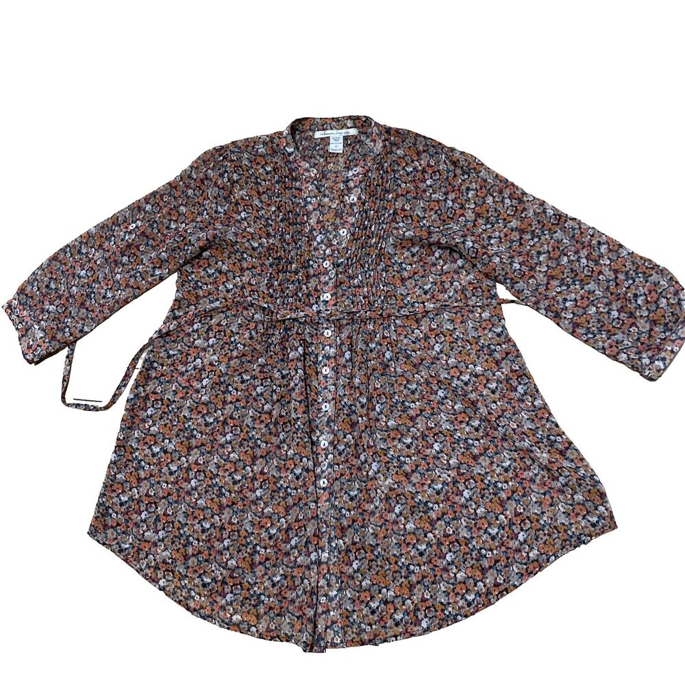 American Rag Cie Peasant Top Women S Orange Floral Hippie Mother Pearl Button